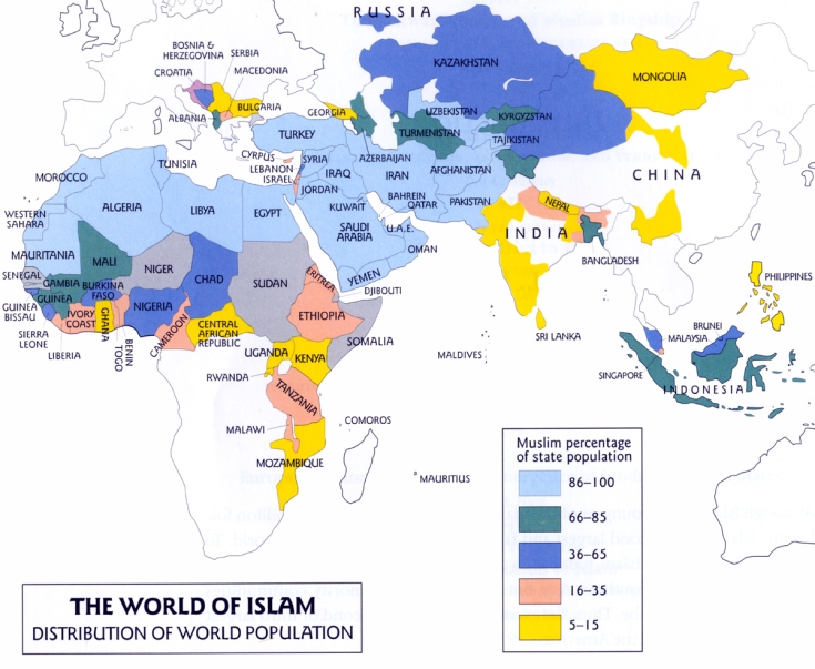 Mapa de importantes poblaciones musulmanas del mundo 