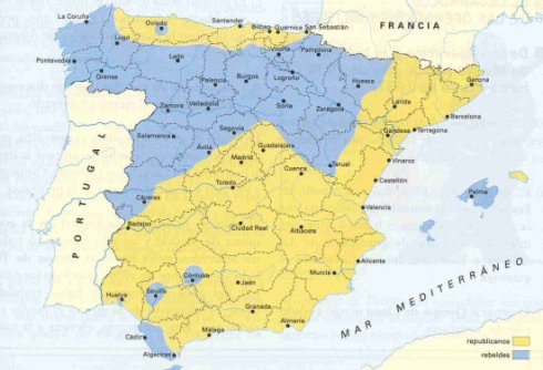 Mapa de España a finales de Julio, 1936